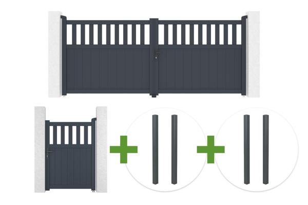 Portail battant SANTIS 340x140cm aluminium gris + 4 poteaux ELDA + Portillon 1m SANTIS H.140cm aluminium gris main image