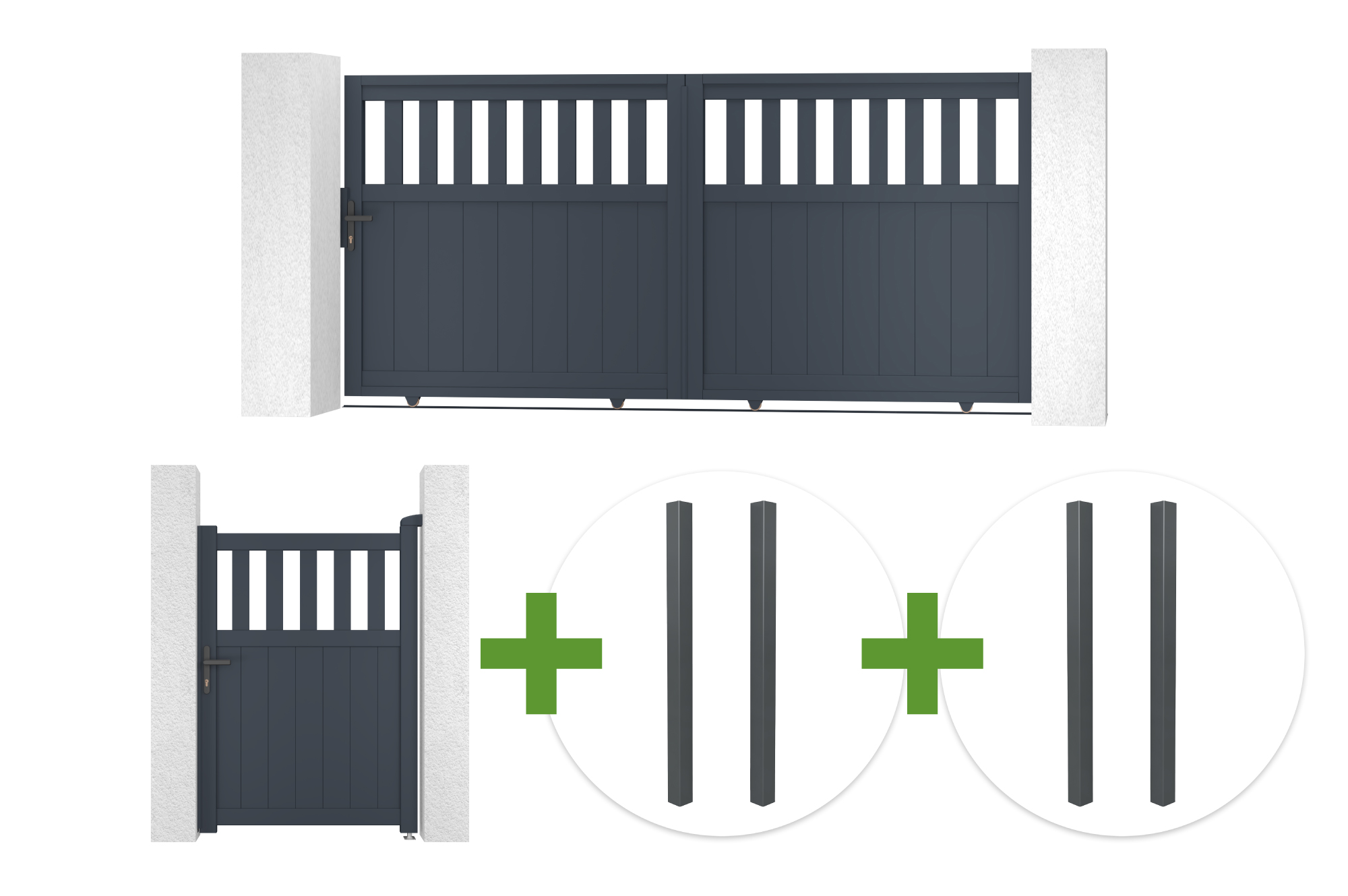 3m SANTIS sliding gate, 140cm high, grey aluminum + 4 ELDA posts + 1m SANTIS pedestrian gate, 140cm high, grey aluminum main_image