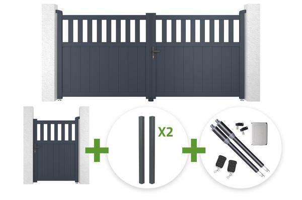 Portail battant 3m SANTIS H.140cm aluminium gris + 4 poteaux ELDA + Portillon 1m SANTIS H.140cm aluminium gris + motorisation Ranger B150 main image
