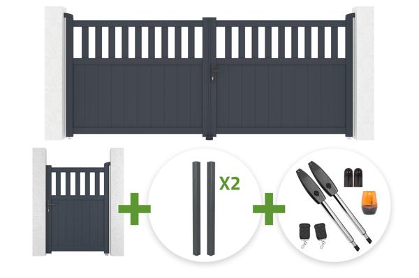 Portail battant SANTIS 3.4m H.140cm aluminium gris + 4 poteaux ELDA + Portillon 1m SANTIS H.140cm aluminium gris + motorisation Tanker B250 main image