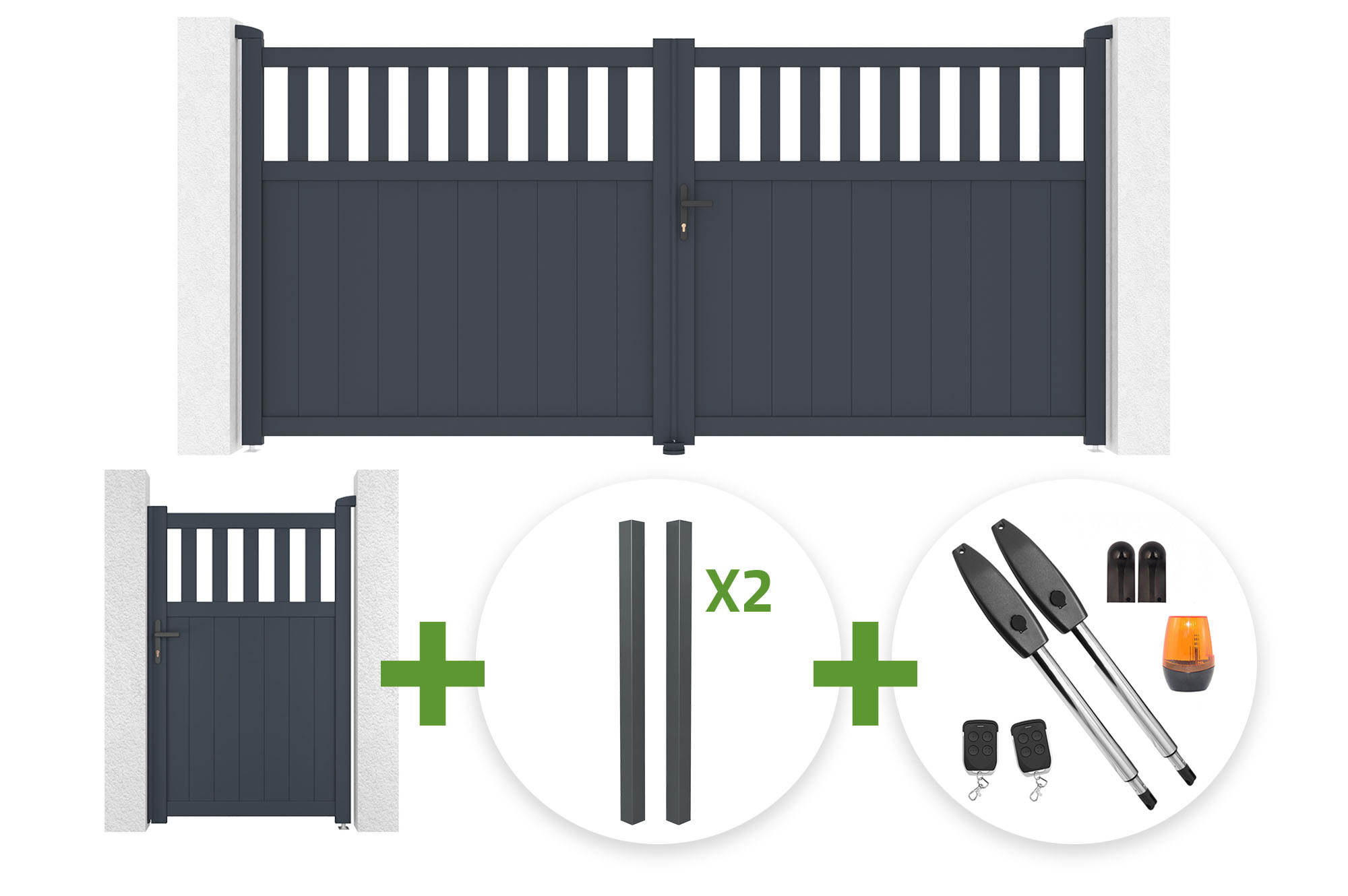 SANTIS 340x160cm grey aluminum swing gate + 4 ELDA posts + SANTIS 1m high grey aluminum pedestrian gate + Tanker B250 motor main_image