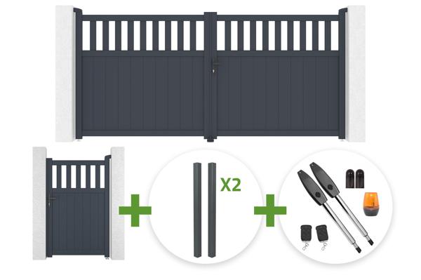 SANTIS 340x160cm grey aluminum swing gate + 4 ELDA posts + SANTIS 1m high grey aluminum pedestrian gate + Tanker B250 motor main image