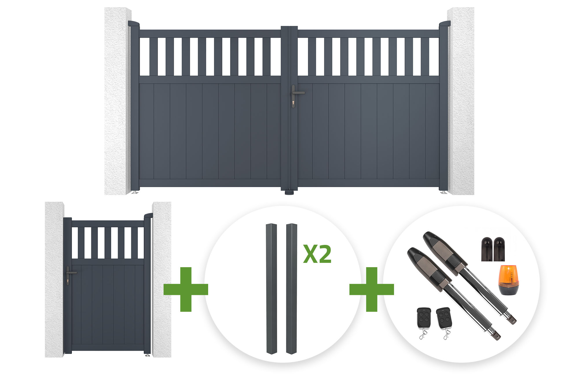 3m SANTIS swing gate, 160cm high, grey aluminum + 4 ELDA posts + 1m SANTIS pedestrian gate, 160cm high, grey aluminum + Tanker B700 motor main_image