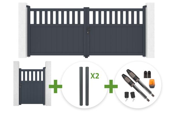 Portail battant SANTIS 3.4m H.140cm aluminium gris + 4 poteaux ELDA + Portillon 1m SANTIS H.140cm aluminium gris + motorisation Tanker B700 main image