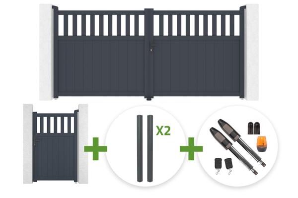 SANTIS 340x160cm grey aluminum swing gate + 4 ELDA posts + SANTIS 1m high grey aluminum pedestrian gate + Tanker B700 motor main image