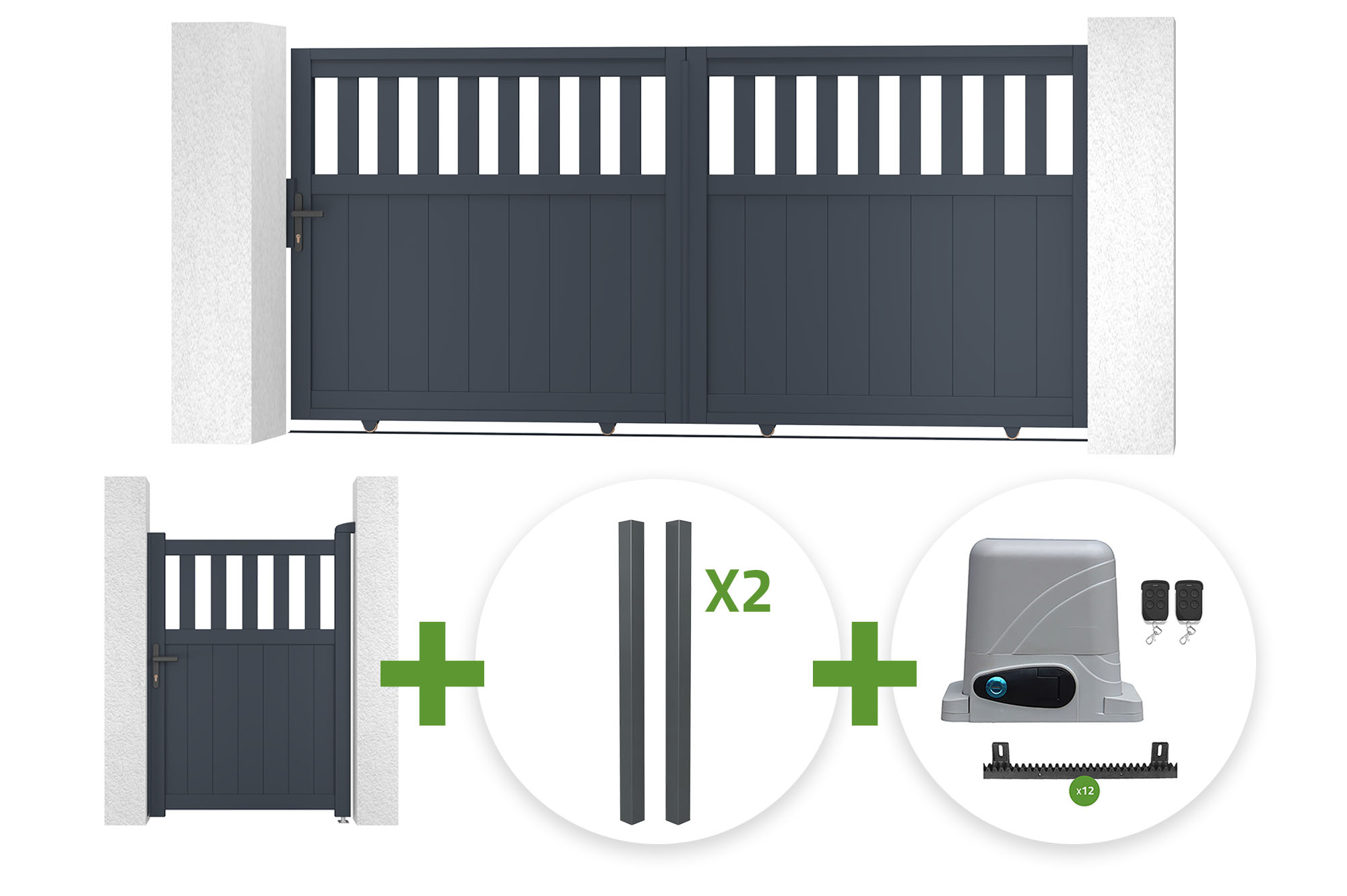 3m SANTIS sliding gate, 140cm high, grey aluminum + 4 ELDA posts + 1m SANTIS pedestrian gate, 140cm high, grey aluminum + Ranger C300 motor main_image