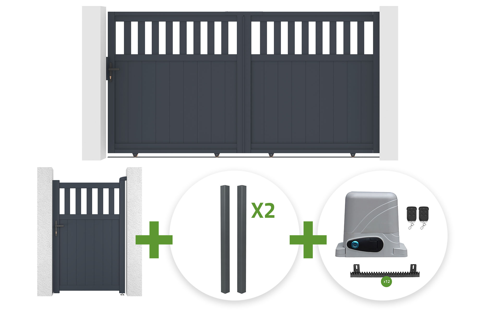3m SANTIS sliding gate, 160cm high, grey aluminum + 4 ELDA posts + 1m SANTIS pedestrian gate, 160cm high, grey aluminum + Ranger C300 motor main_image