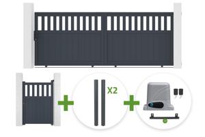 Cancello scorrevole SANTIS da 3,7 m, alto 140 cm, in alluminio grigio + 4 pali ELDA + cancello pedonale SANTIS da 1 m, alto 140 cm, in alluminio grigio + motore main_image