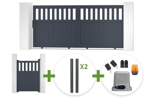 3m SANTIS sliding gate, 140cm high, grey aluminum + 4 ELDA posts + 1m SANTIS pedestrian gate, 140cm high, grey aluminum + Tanker C600 motor main image