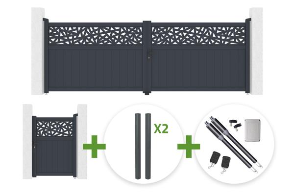 Poartă batantă DOLOMITE RUIVO 4m, înălțime 140cm, aluminiu gri + poartă pietonală DOLOMITE RUIVO 1m + 4 stâlpi + motor Ranger B150 main image