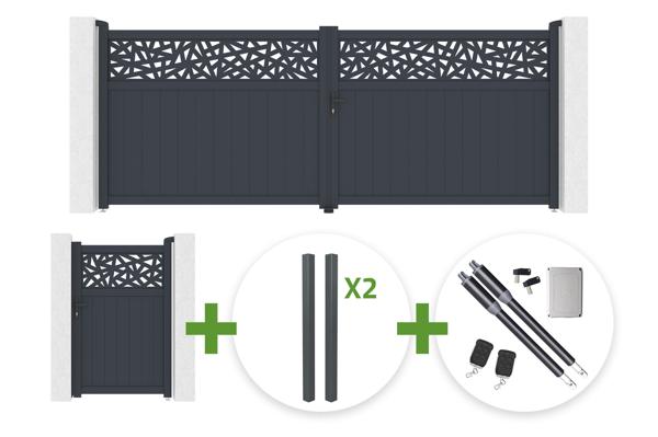 Poartă batantă DOLOMITE RUIVO 4m, înălțime 160cm, aluminiu gri + poartă pietonală DOLOMITE RUIVO 1m + 4 stâlpi + motor Ranger B150 main image