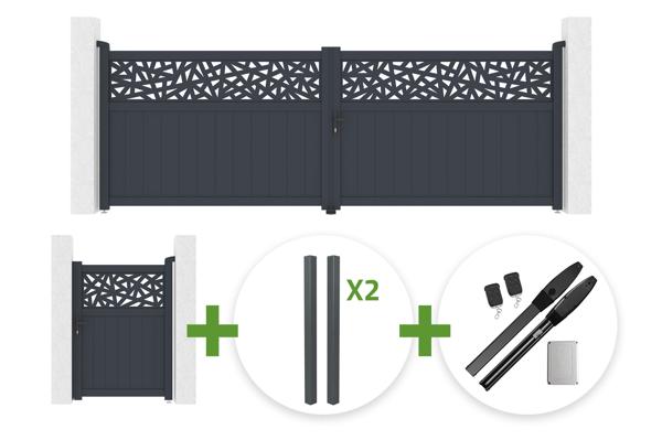 Poartă batantă DOLOMITE RUIVO 4m, înălțime 140cm, aluminiu gri + poartă pietonală DOLOMITE RUIVO 1m + 4 stâlpi + motor Hicker B200 main image