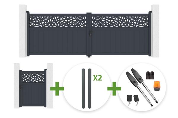Poartă batantă DOLOMITE RUIVO 4m H.140cm aluminiu gri + poartă DOLOMITE RUIVO 1m + 4 stâlpi + motorizare cisternă B250 main image