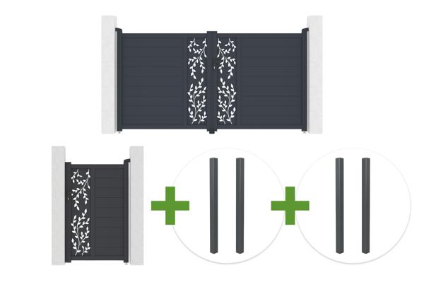 Brama skrzydłowa FOLYA 3m wys. 160cm z szarego aluminium + 4 słupki + furtka dla pieszych FOLYA 1m wys. 16cm main image