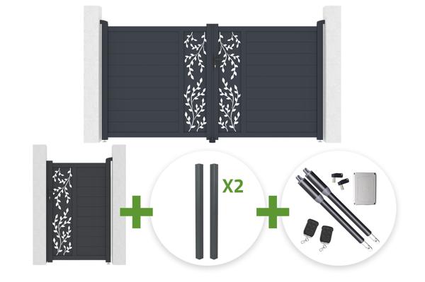 Brama skrzydłowa aluminiowa FOLYA 3m wys. 160cm szara + 4 słupki + furtka dla pieszych FOLYA 1m wys. 160cm + silnik Ranger B150 main image