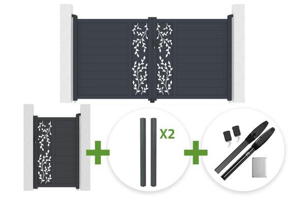 Brama skrzydłowa aluminiowa FOLYA 3m wys. 160cm szara + 4 słupki + furtka dla pieszych FOLYA 1m wys. 160cm + silnik Hicker B200 main image