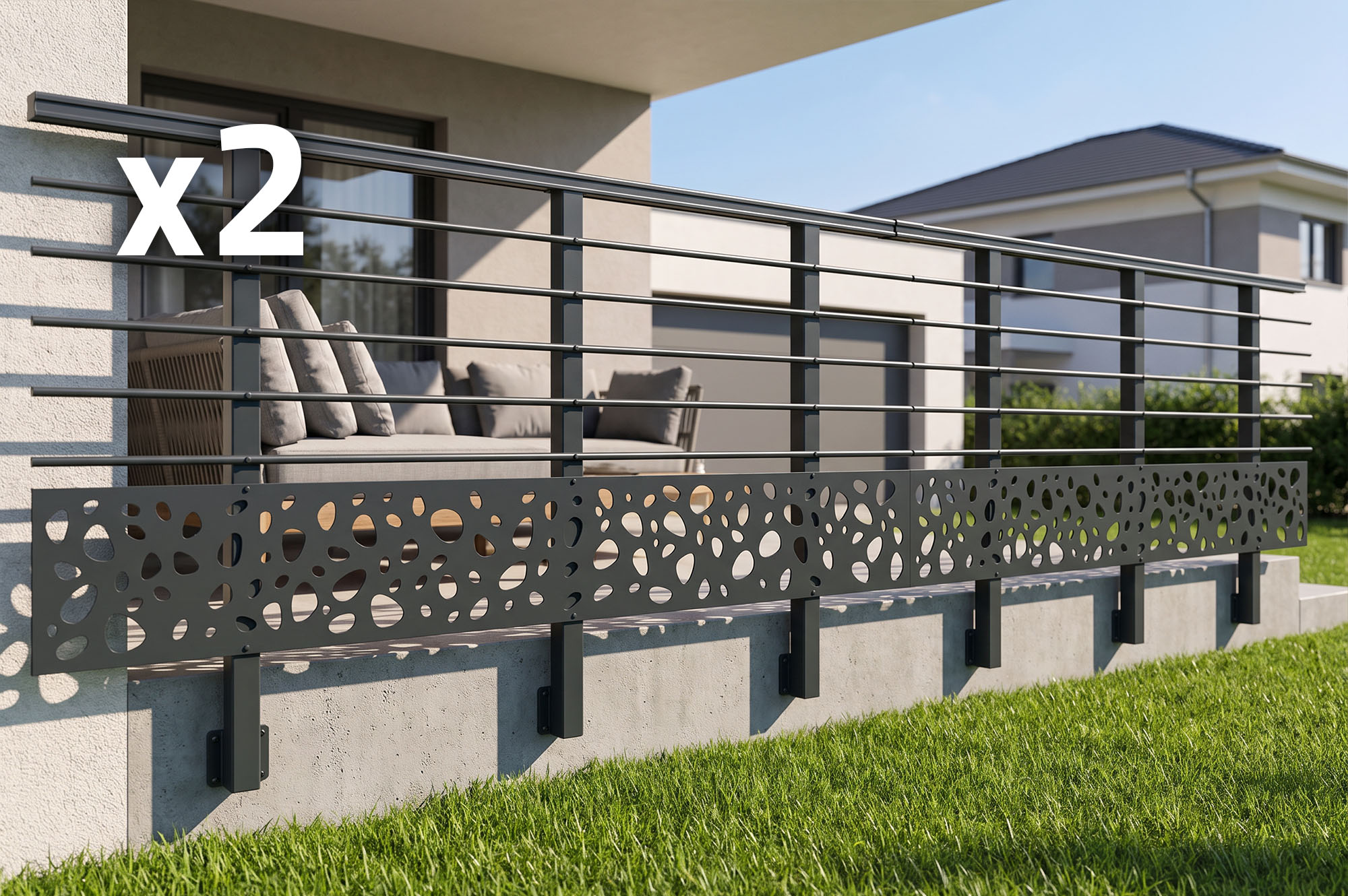 Balustradă din aluminiu gri antracit, 380 cm, pentru montare pe perete cu accesorii - model cu pietricele KORAB SUNNY main_image