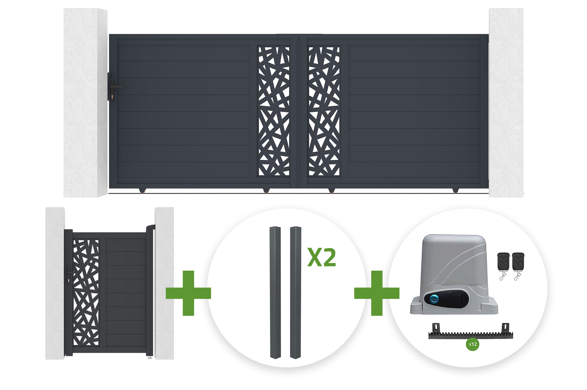 3.5m RUIVO sliding gate, 140cm high, grey aluminum + 1m RUIVO pedestrian gate, 140cm high + 4 posts + Ranger C300 motor main_image