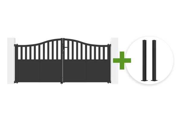 VALIER 3m H.140cm black steel swing gate with gendarme's hat design + 2 CARMO 10x10cm H.145cm black iron posts main image