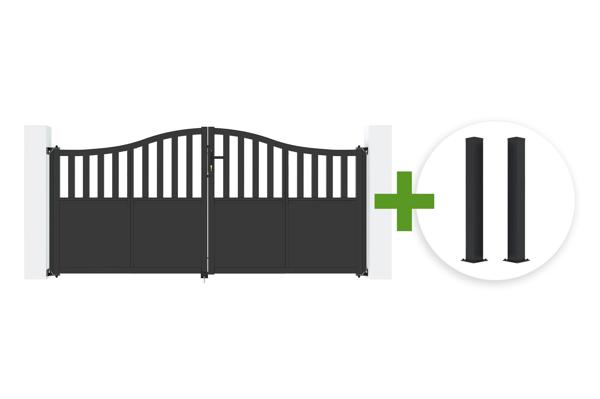 VALIER 3m H.140cm black steel swing gate with gendarme's hat design + 2 CARMO 15x15cm H.145cm black iron posts main image