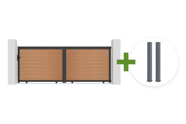 ATHOS 4m H.160cm solid wood sliding composite gate in teak with aluminum frame + 2 EIFEL aluminum posts 15x15cm main image
