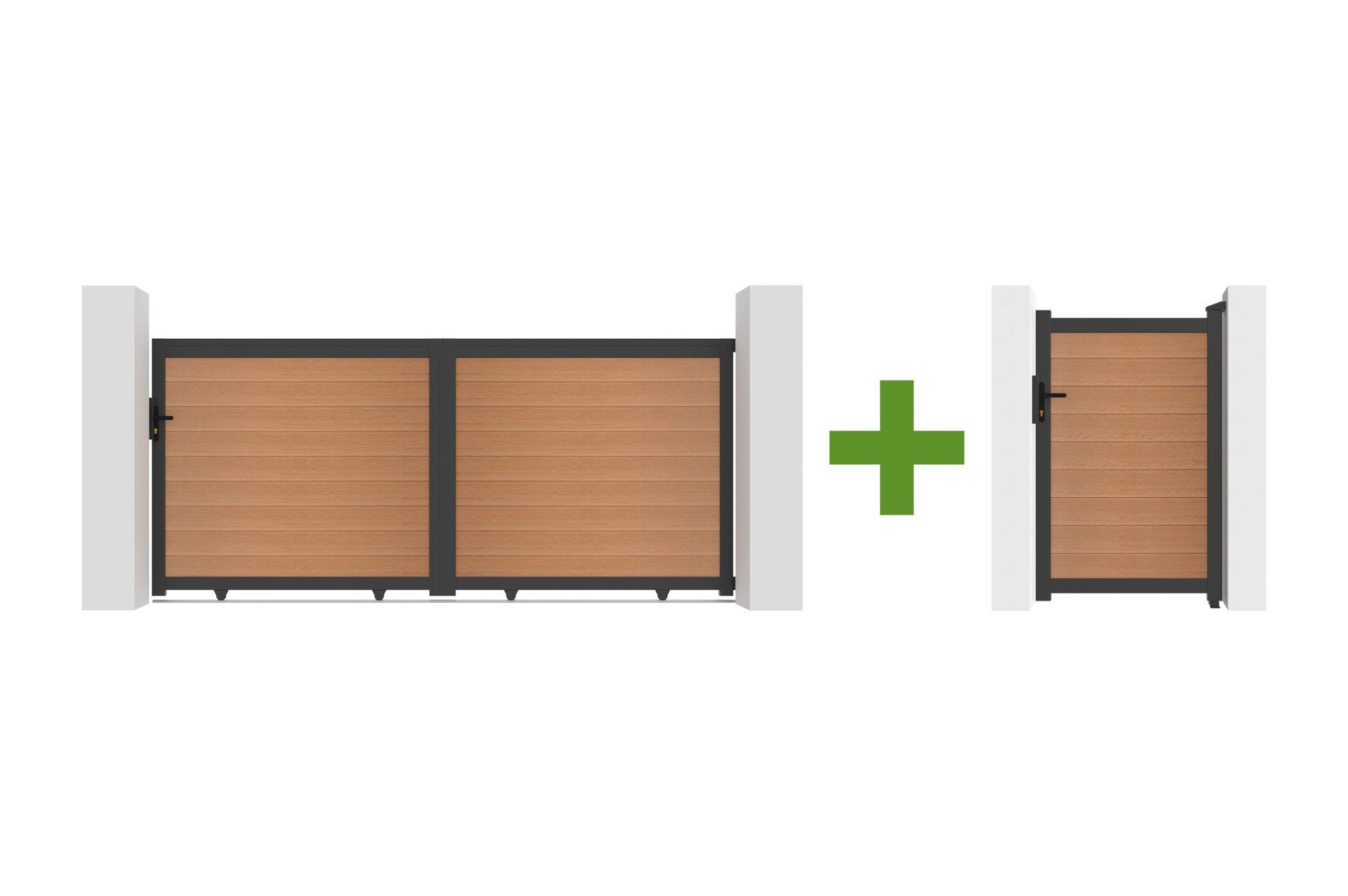 ATHOS 3,5m H.160cm massiv skydeport i komposittræ i teak med aluminiumsramme + ATHOS 1m H.16cm komposit fodgængerport main_image