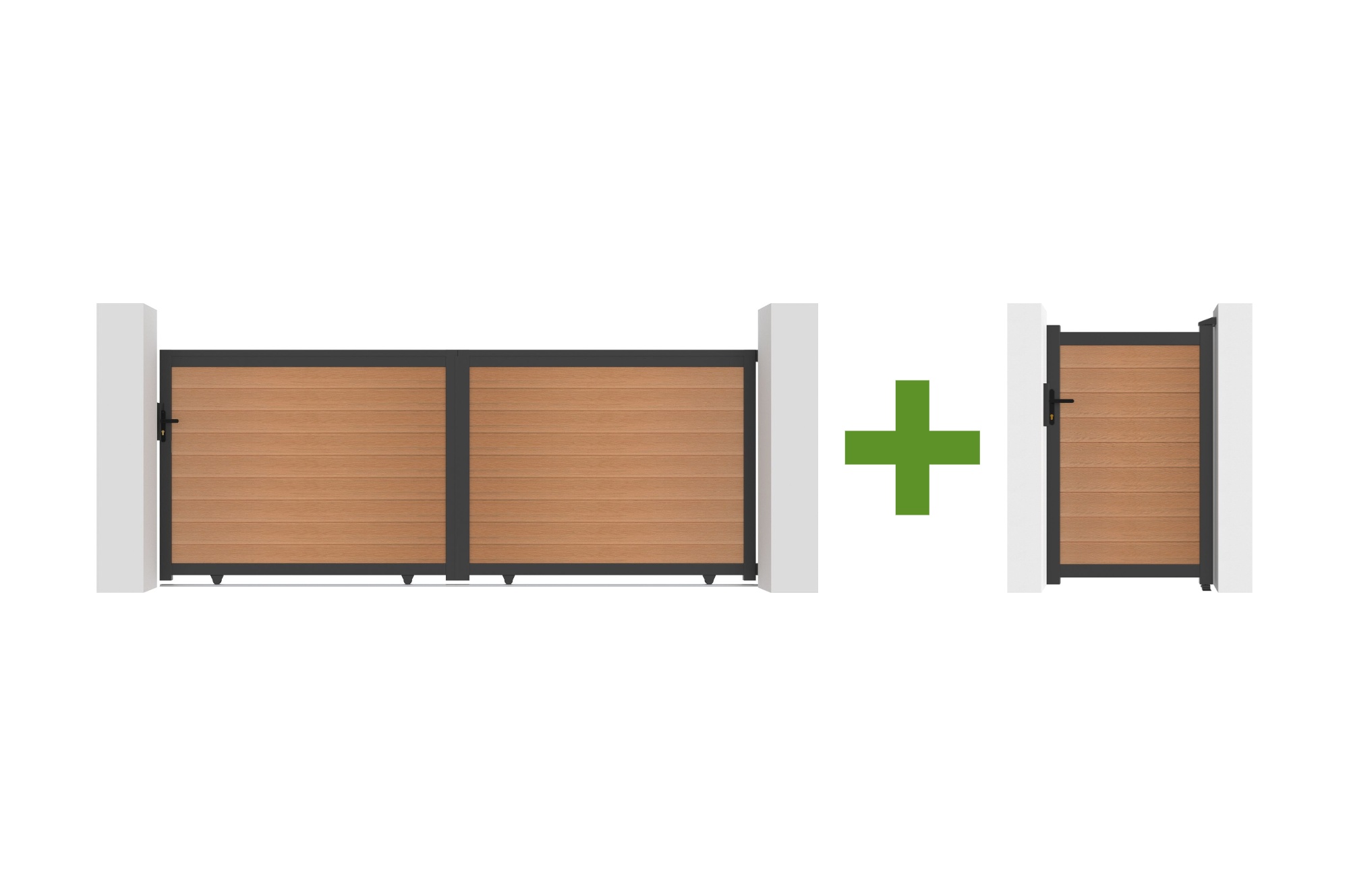 ATHOS 4m H.160cm massieve schuifpoort van composiethout in teak met aluminium frame + ATHOS 1m H.16cm composiet voetgangerspoort main_image
