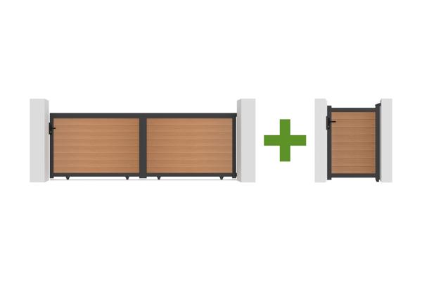 ATHOS 4m H.140cm massiv skydeport i komposittræ i teak med aluminiumsramme + ATHOS 1m H.140cm komposit fodgængerport main image