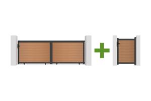 ATHOS 4m H.140cm solid sliding composite wood gate in teak with aluminum frame + ATHOS 1m H.140cm composite pedestrian gate main_image