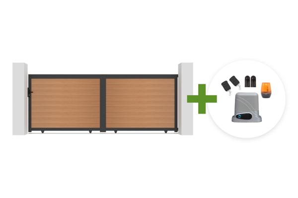 ATHOS 4m H.160cm solid wood sliding composite gate in teak with aluminum frame + TANKER C600 motor main image