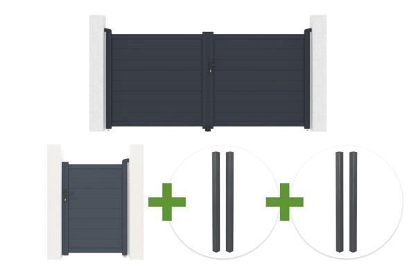 EIGER 3m H.140cm grey swing gate + EIGER 1m H.140cm pedestrian gate + 4 ELDA 10x10cm H.240cm grey aluminum posts for in-ground installation main image