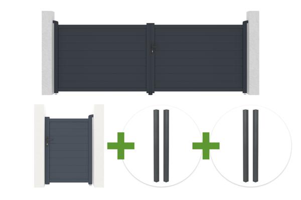 Poartă batantă EIGER 4m H.140cm gri + poartă pietonală EIGER 1m H.140cm + 4 stâlpi ELDA 10x10cm H.240cm gri din aluminiu pentru instalare îngropată main image