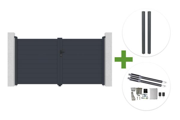 EIGER 3m H.160cm grå svingport + 2 ELDA 10x10cm H.240cm grå aluminiumsstolper til støbning + RANGER B150 motor main image