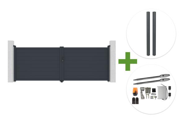 Poartă batantă EIGER 4m H.140cm gri + 2 stâlpi ELDA 10x10cm H.240cm din aluminiu gri pentru betonare + motor TANKER B250 main image