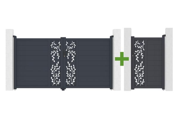 FOLYA 3m H.160cm swing gate + FOLYA 1m H.160cm pedestrian gate, grey aluminum main image