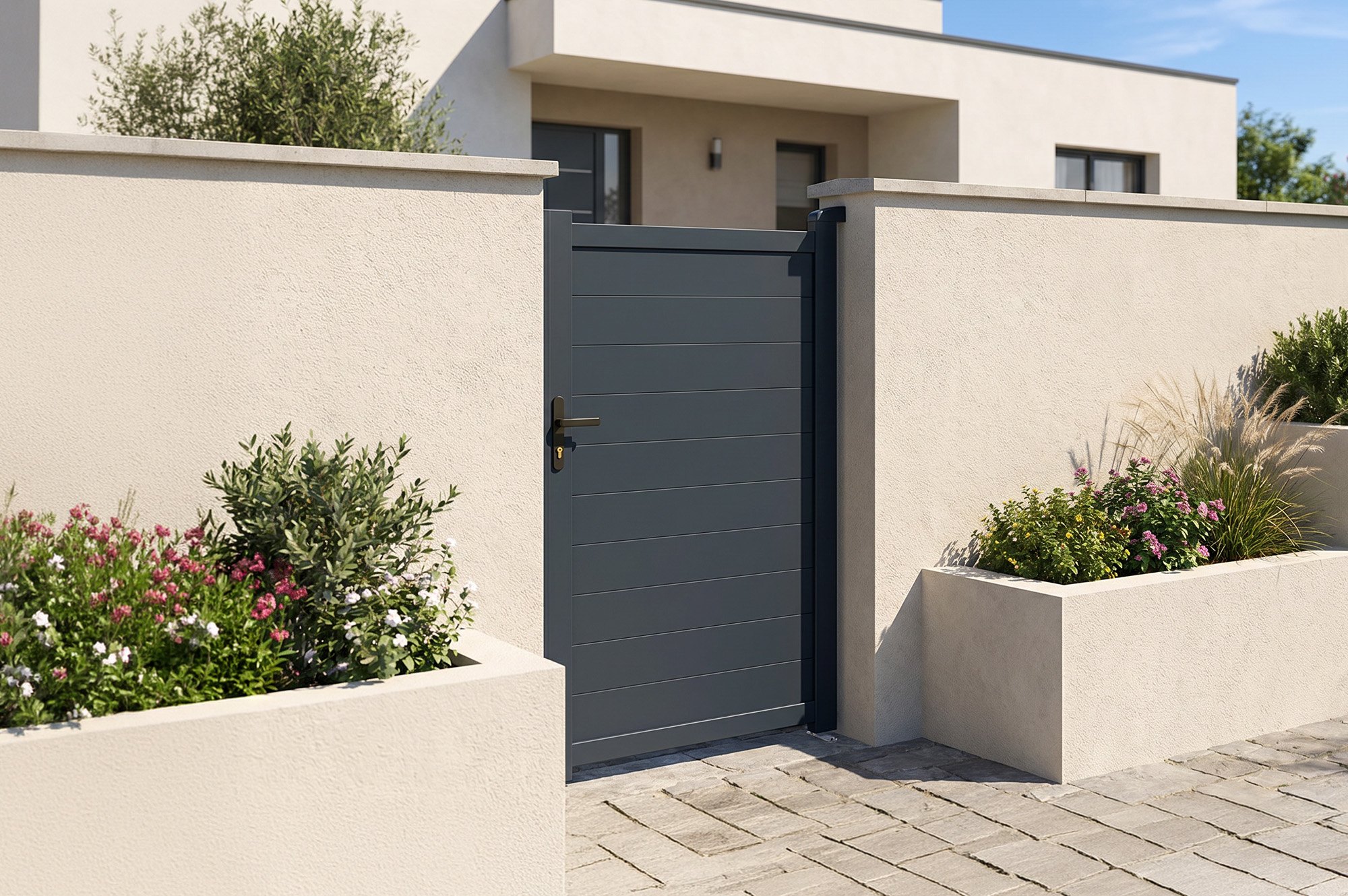 Portail battant 3m EIGER H.180cm + Portillon 1m EIGER H.180cm aluminium gris 10
