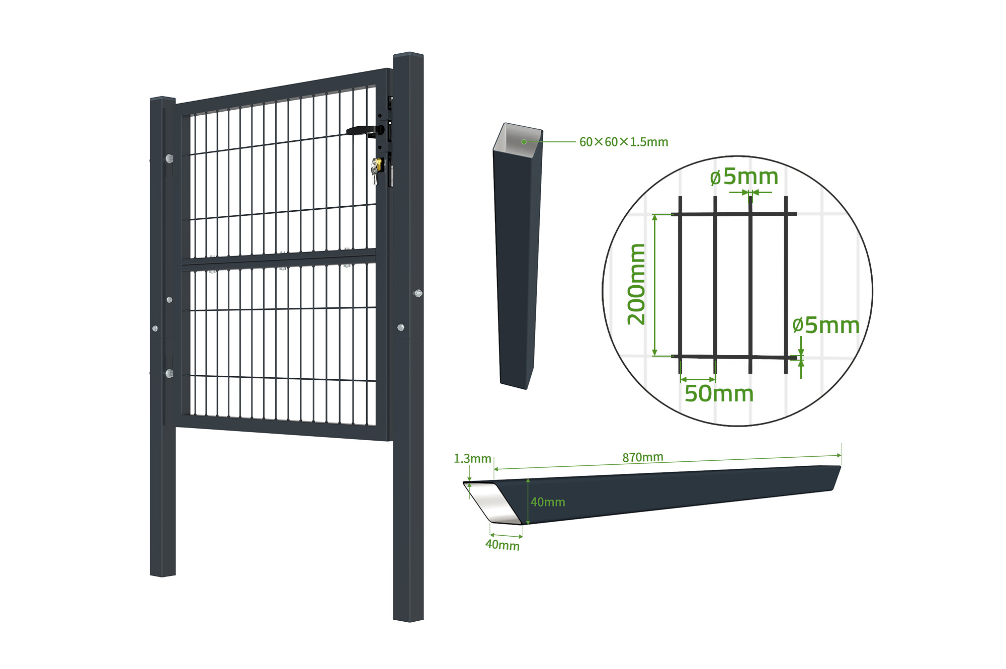 Portail grillagé 3m RAZO H.100cm + Portillon 1m RAZO H.100cm gris 15