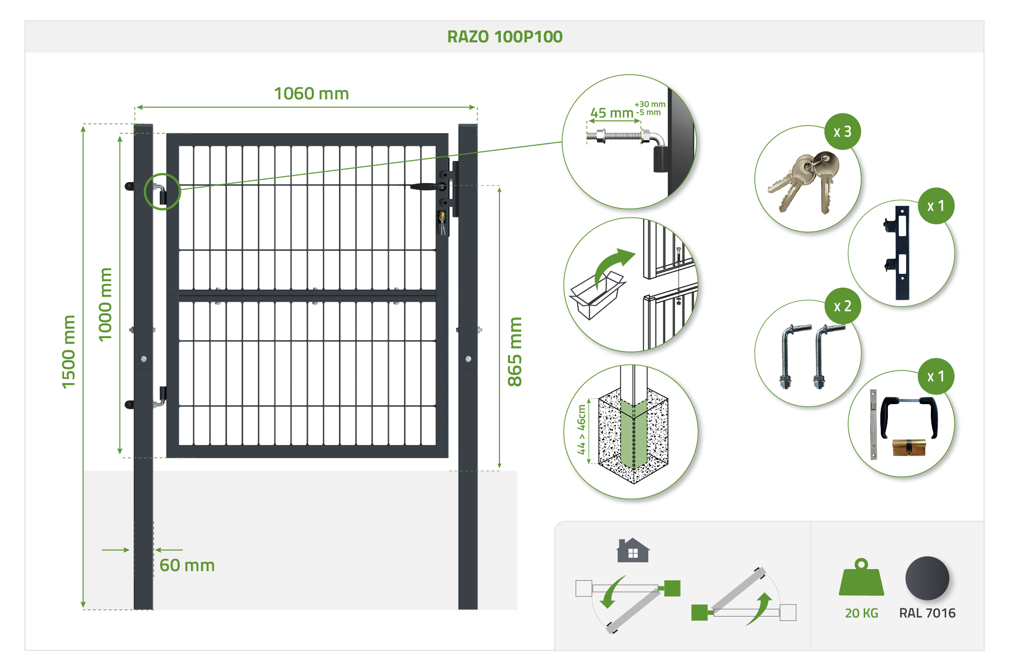 Portail grillagé 3m RAZO H.100cm + Portillon 1m RAZO H.100cm gris 21