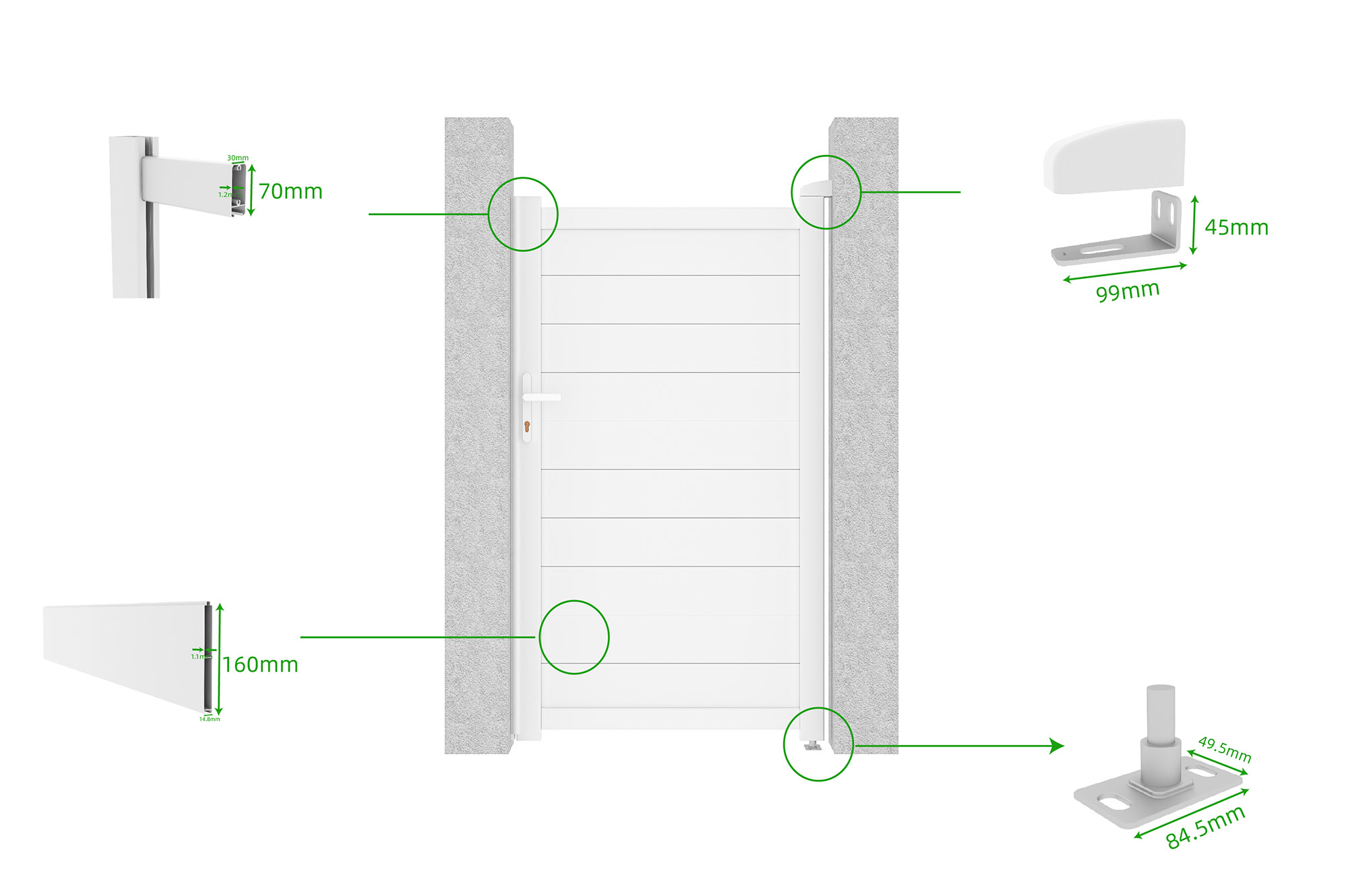 EIGER krilna vrata 3m V. 180cm + EIGER pješačka vrata 1m V. 180cm, bijeli aluminij 16