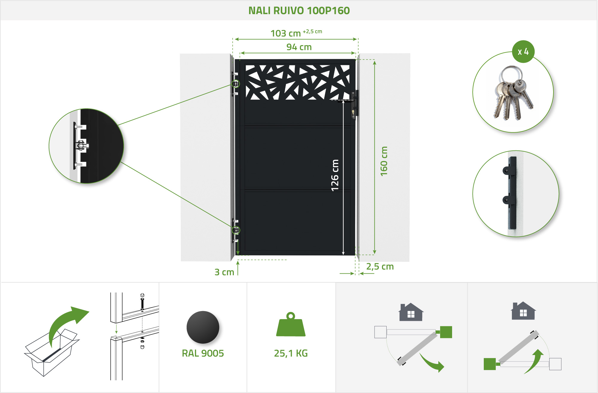 Stahltor 1 m NALI RUIVO H.160cm matt schwarz 5
