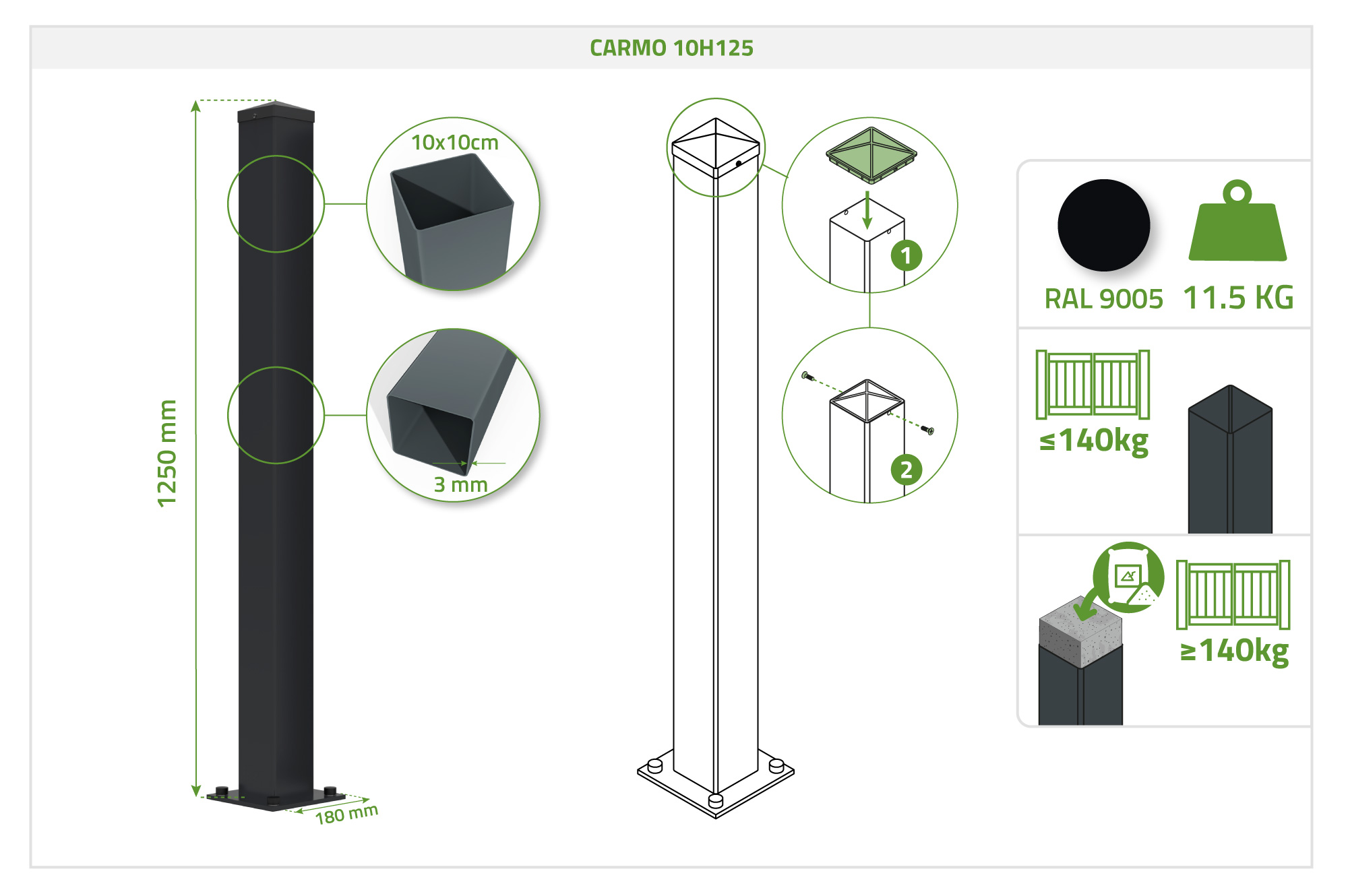 NALI 3,5 m matēti melni tērauda veramie vārti, 120 cm augsti + 2 CARMO 10x10 tērauda stabi 11