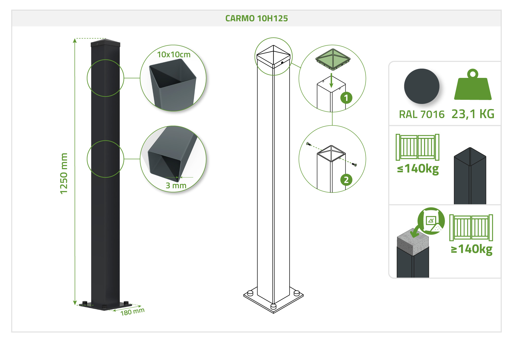 2 CARMO geležinių stulpų rinkinys, 10x10 cm, aukštis 125 cm, juodi 4