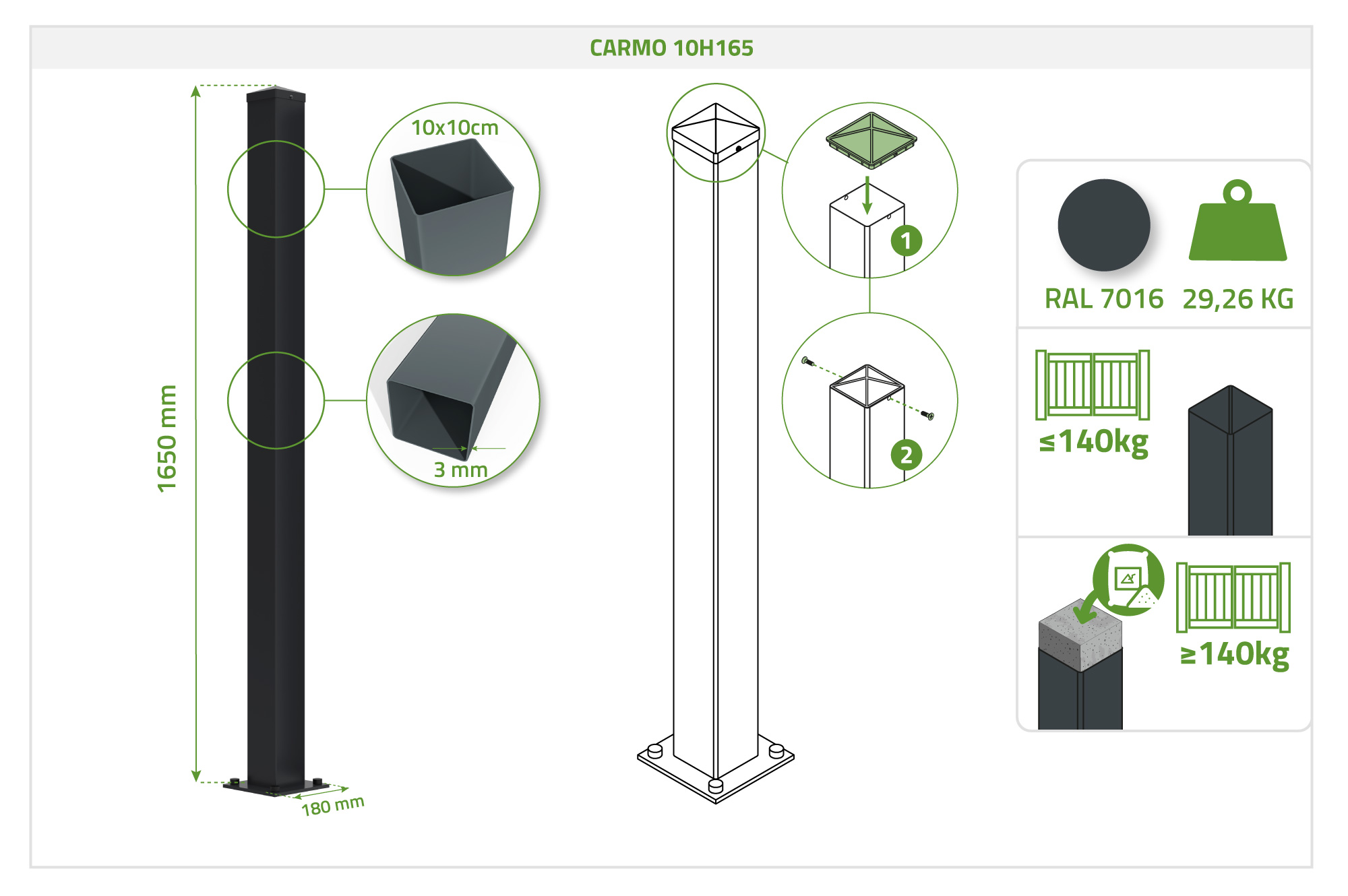 2 CARMO dzelzs stabu komplekts, 10x10cm, augstums 165cm, melns 4