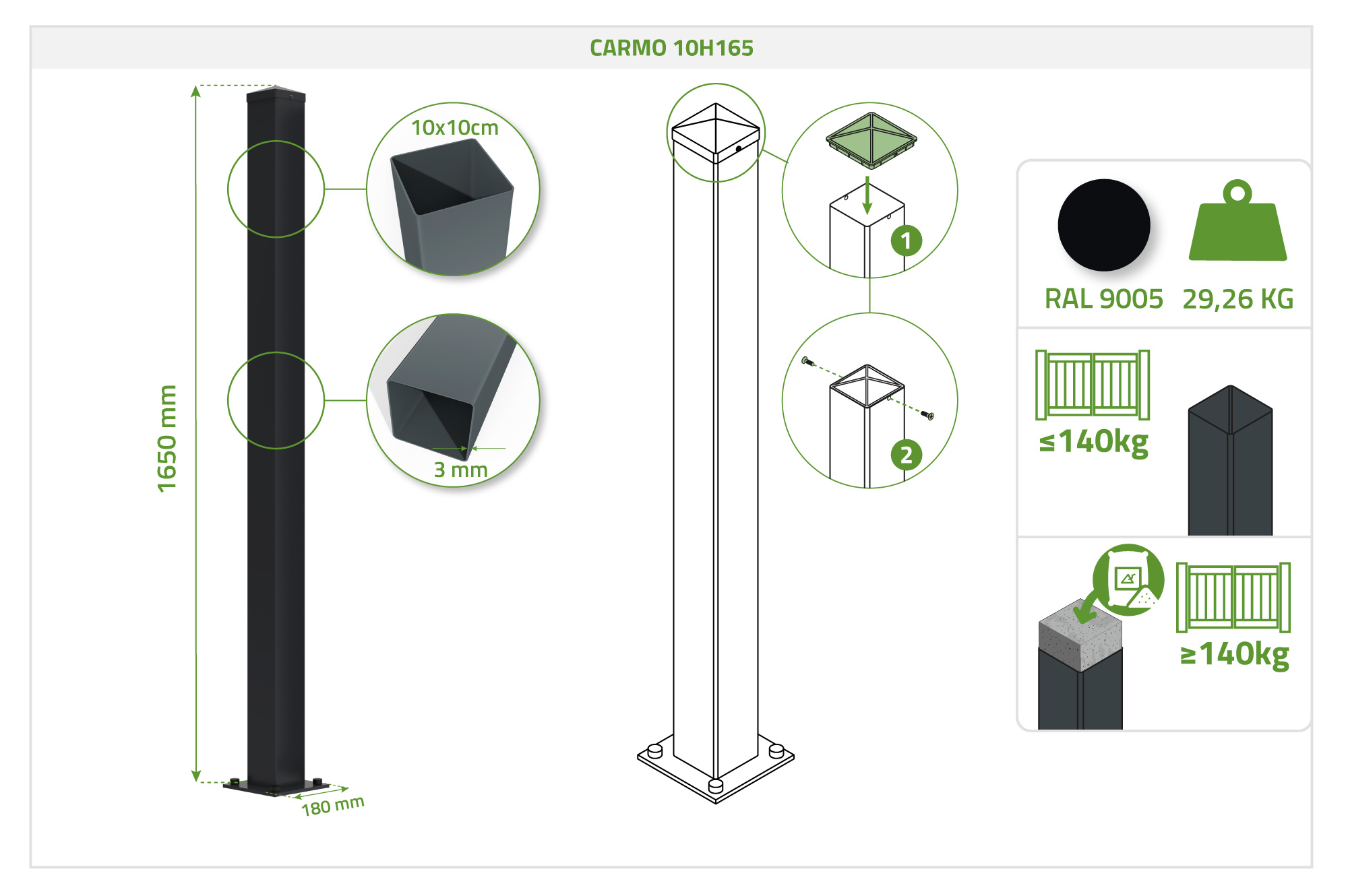 NALI ARLBERG 3,5 m matēti melni tērauda veramie vārti, 160 cm augsti + 2 CARMO 10x10 tērauda stabi 11