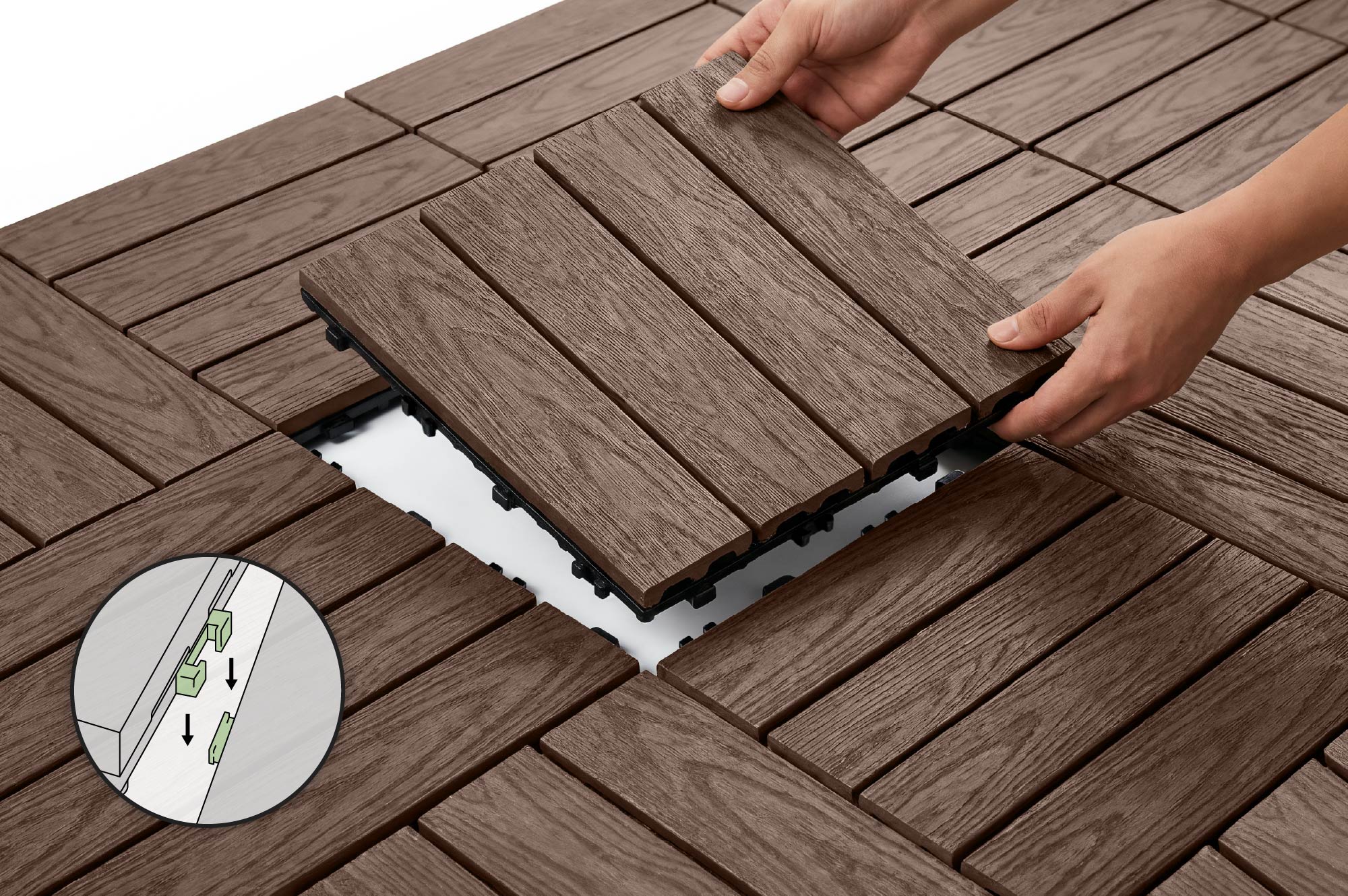 Balenie 30 hnedých kompozitných zámkových terasových dlaždíc RILA, 30x30 cm 4