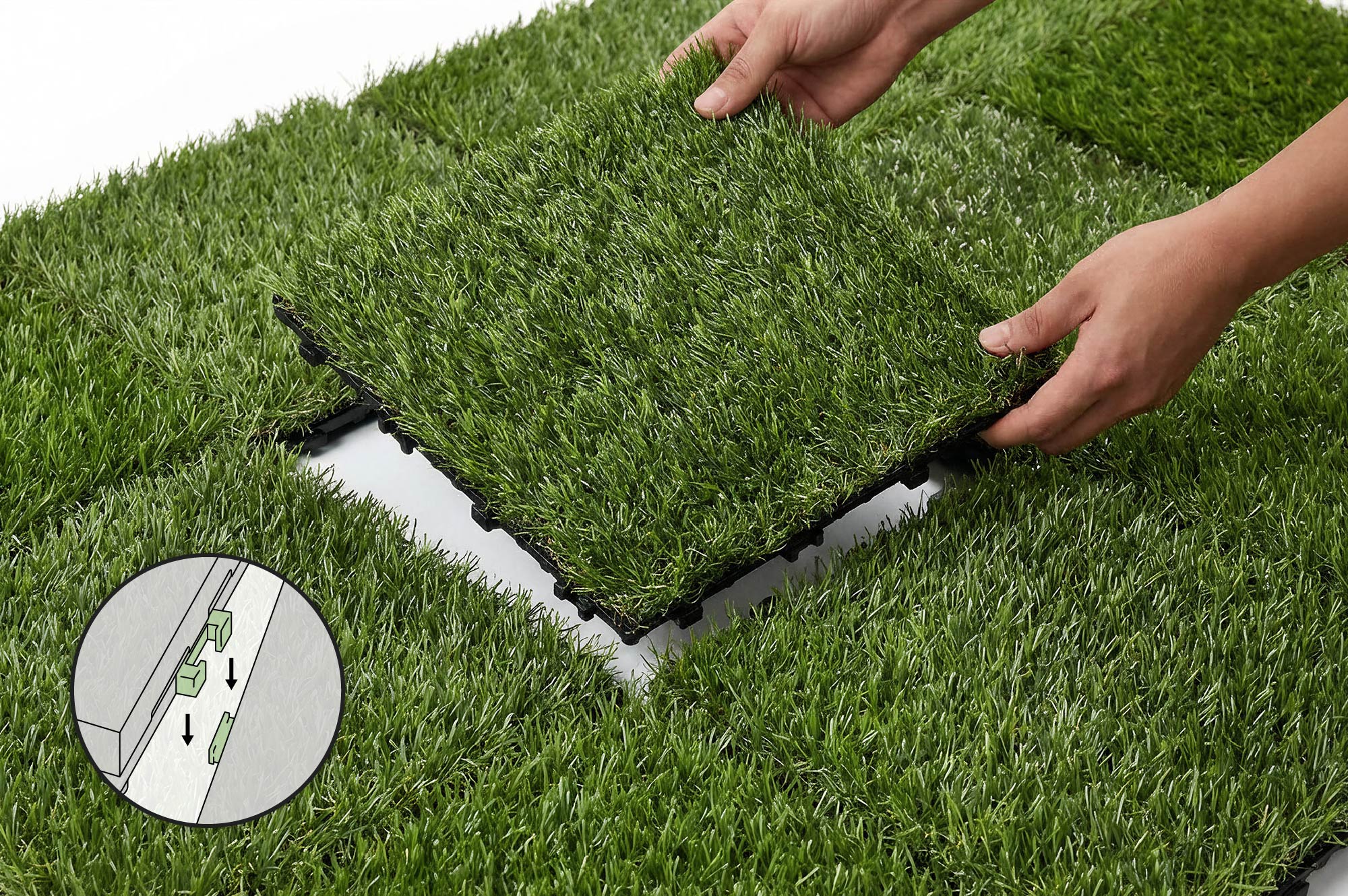 Sada 22 ks zámkových terasových dlaždíc zo syntetickej trávy KORA 30x30 cm 4