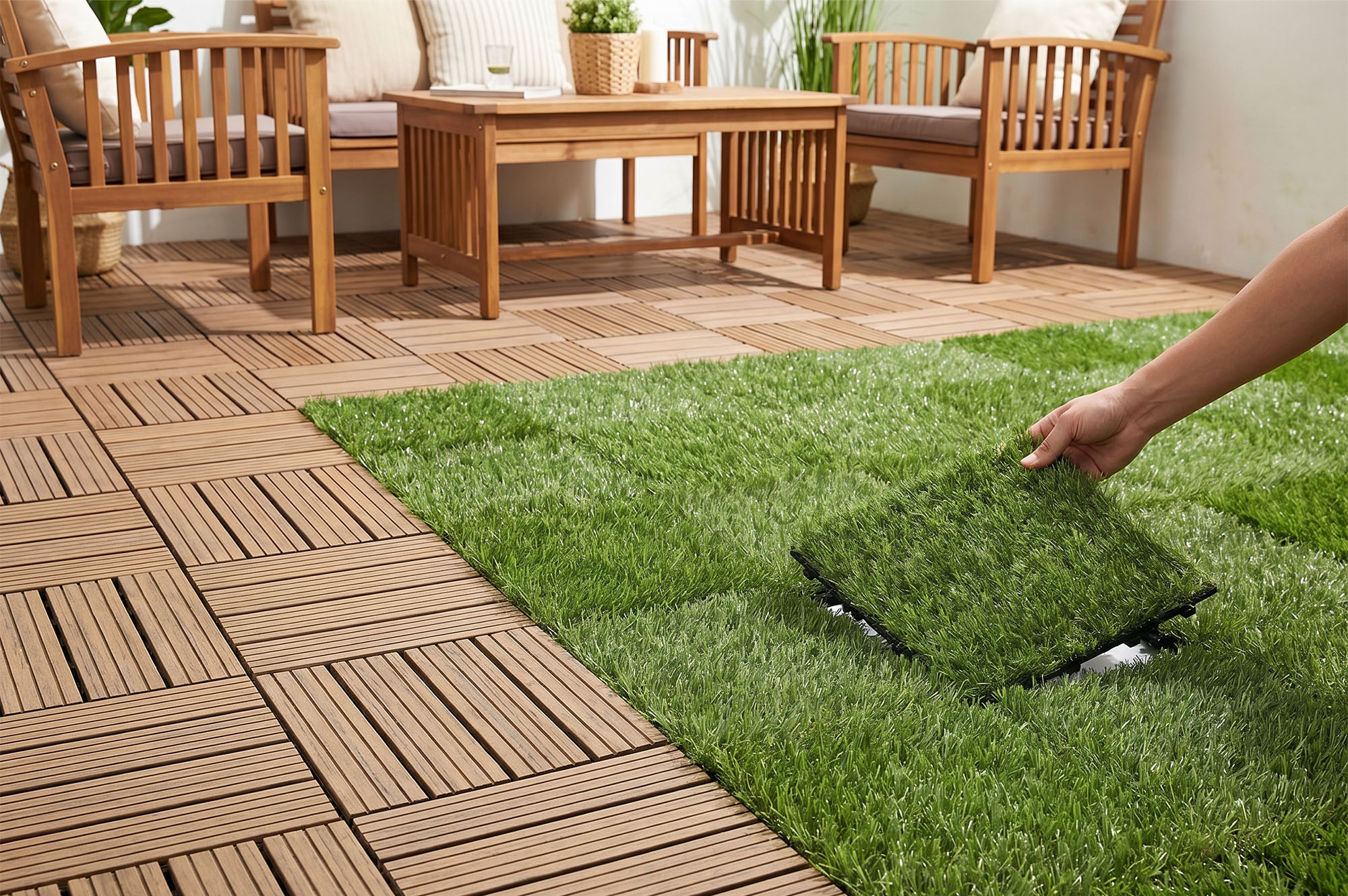 Set mit 22 KORA 30x30cm ineinandergreifenden Kunstrasen-Terrassenfliesen 10