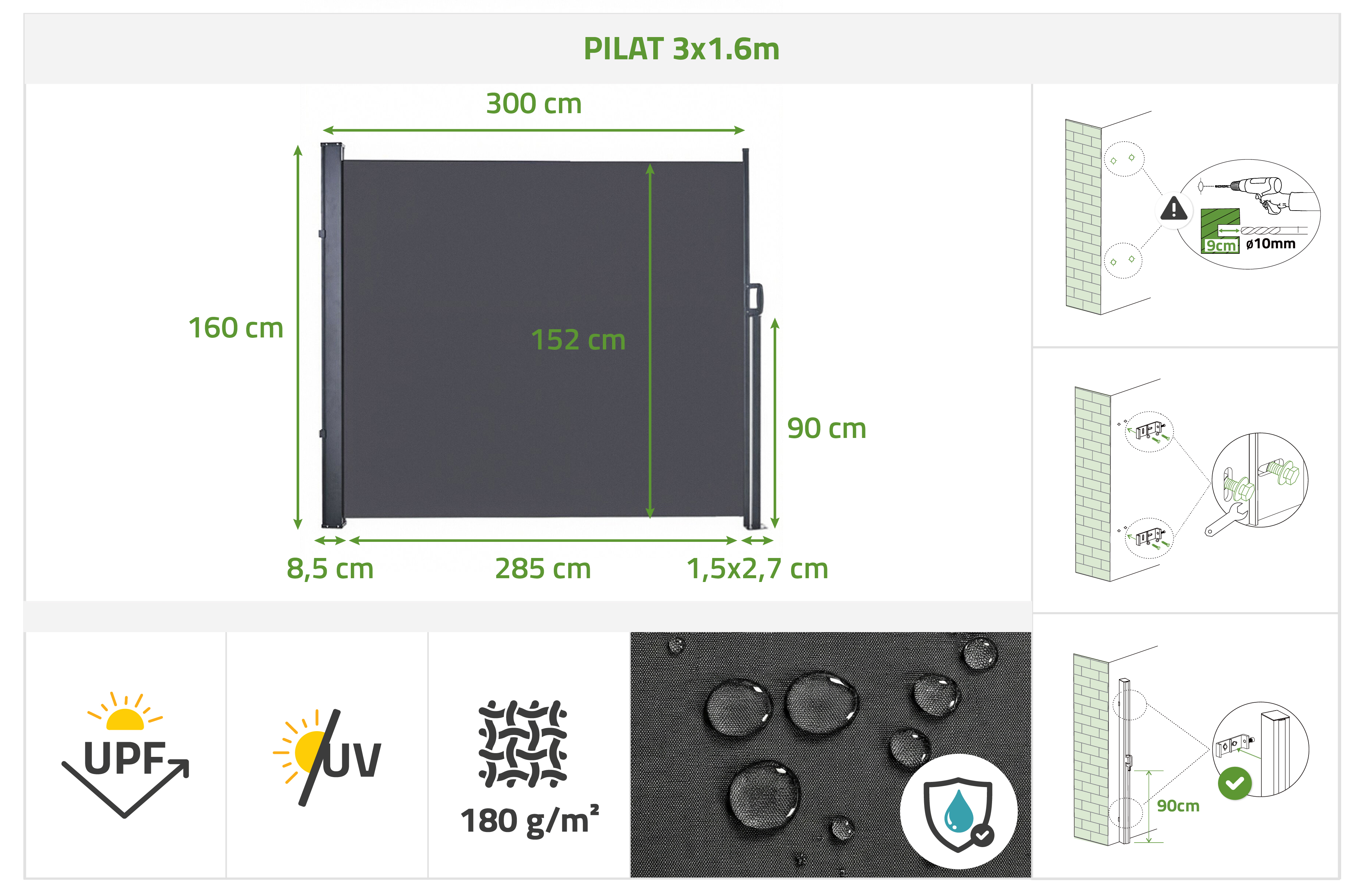 PILAT retractable side awning 3x1.6 m anthracite grey 13