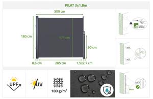 PILAT einziehbare Seitenmarkise 3x1,8 m anthrazitgrau 13