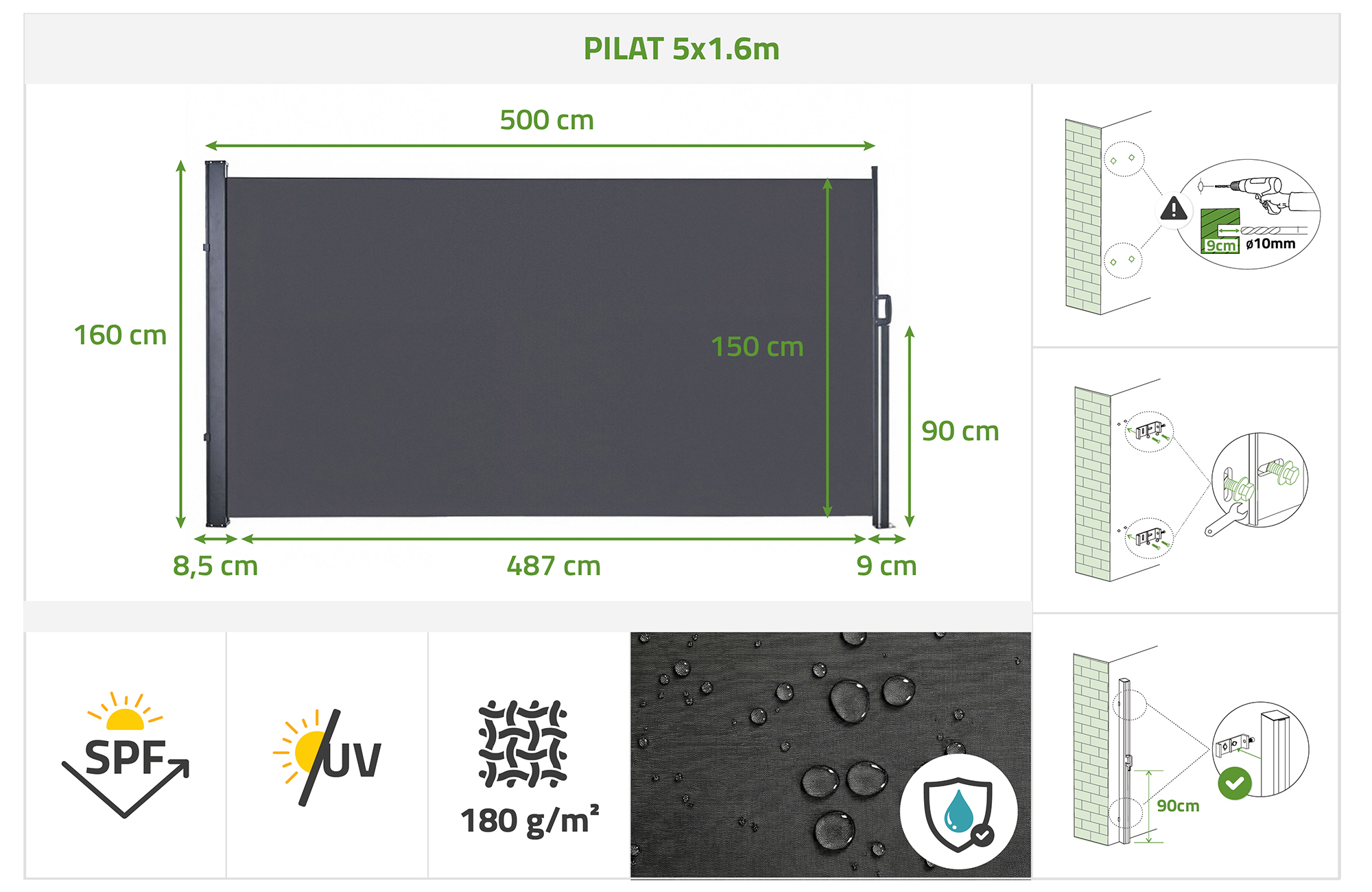 PILAT výsuvná bočná markíza 5x1,6 m antracitovo sivá 13